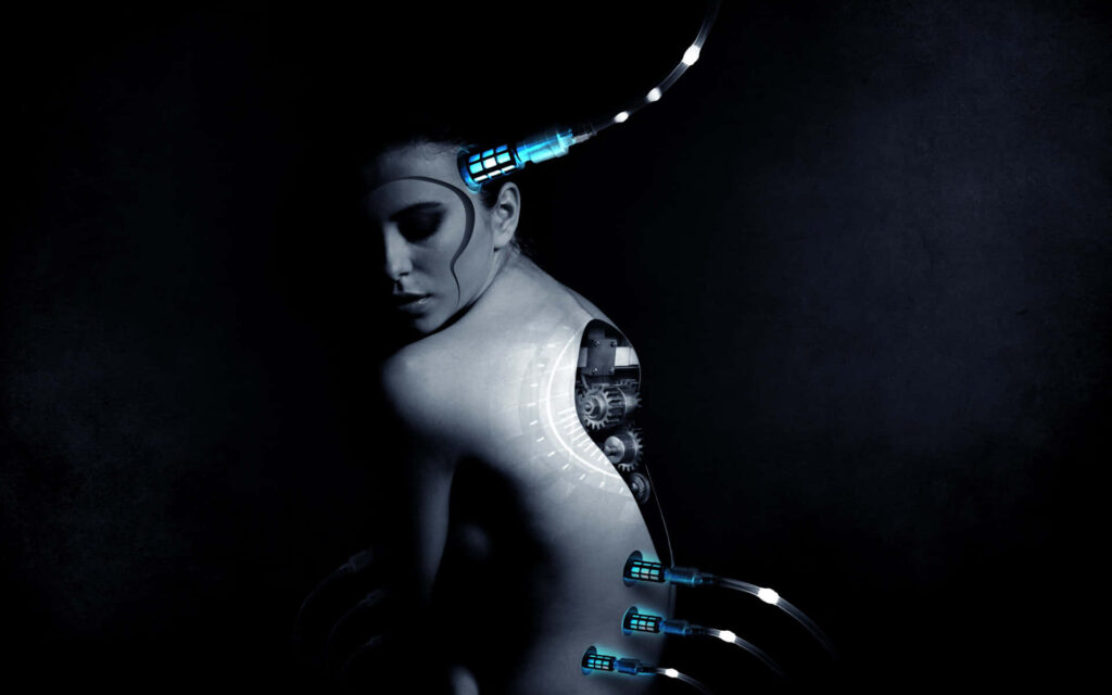 Futuristic AI Woman Robot Wallpaper: Sleek Design & Glowing Tech