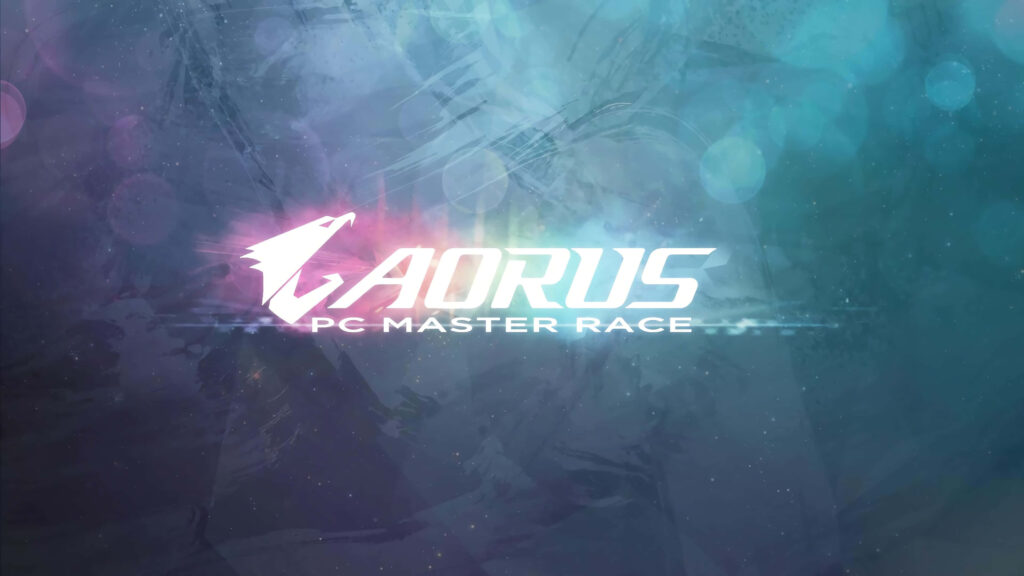 Futuristic glowing AORUS logo with PC Master Race text on dynamic blue purple abstract background Wallpaper