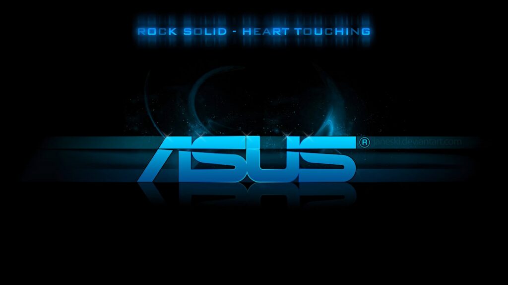 ASUS metallic blue logo with Rock Solid Heart Touching tagline on dark cosmic wallpaper background