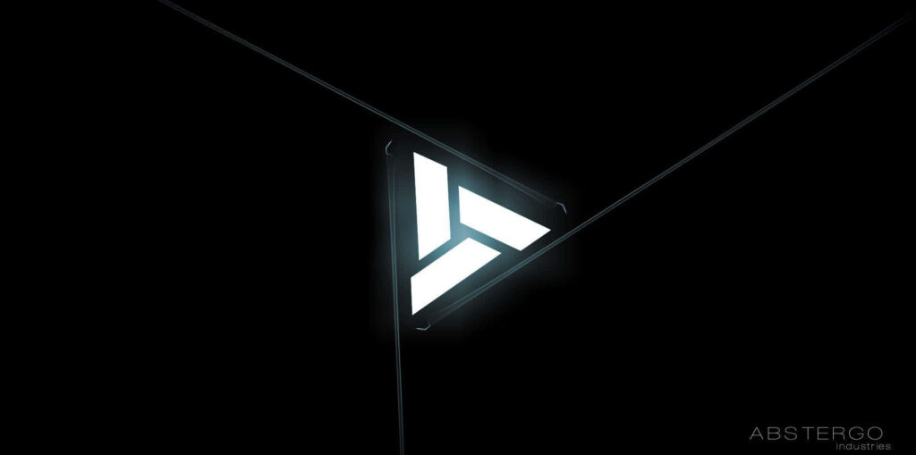 Futuristic illuminated Abstergo Industries logo on dark high-tech corporate wallpaper background