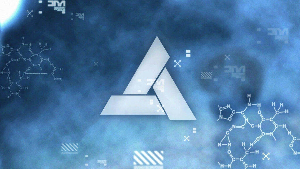 Sleek modern Abstergo logo on misty blue gradient with abstract digital molecular designs background Wallpaper