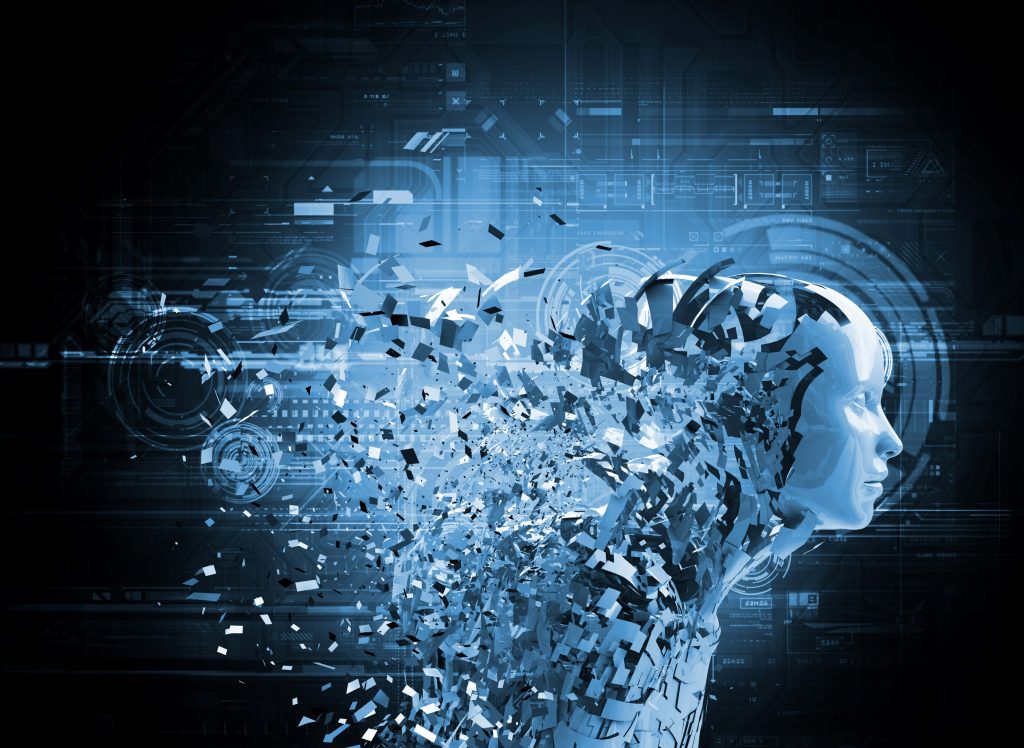 Abstract 3D robotic figure dissolving into geometric shards on deep blue AI digital background wallpaper
