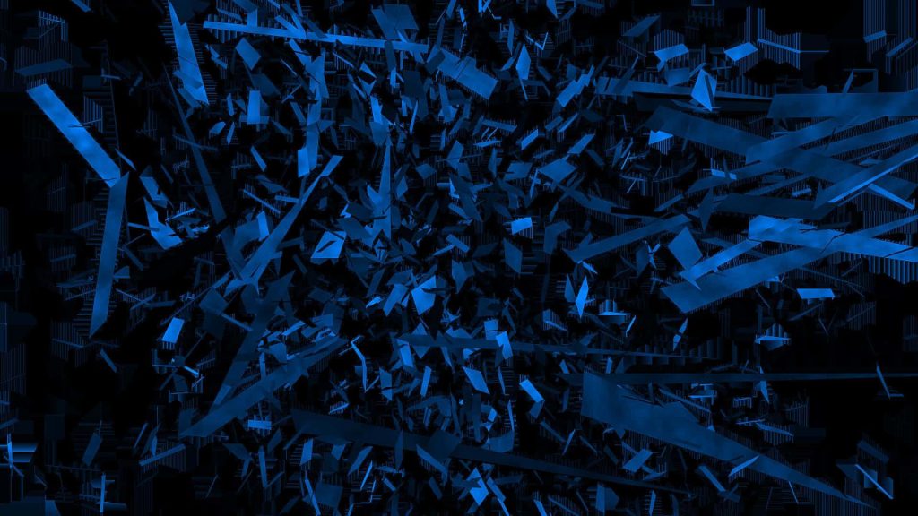 Abstract blue geometric shards exploding on black background futuristic digital wallpaper design