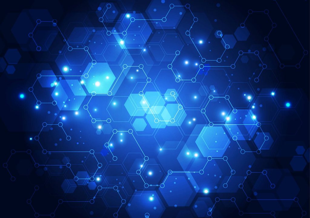 Futuristic abstract wallpaper with glowing blue hexagons and complex computer circuit design background
