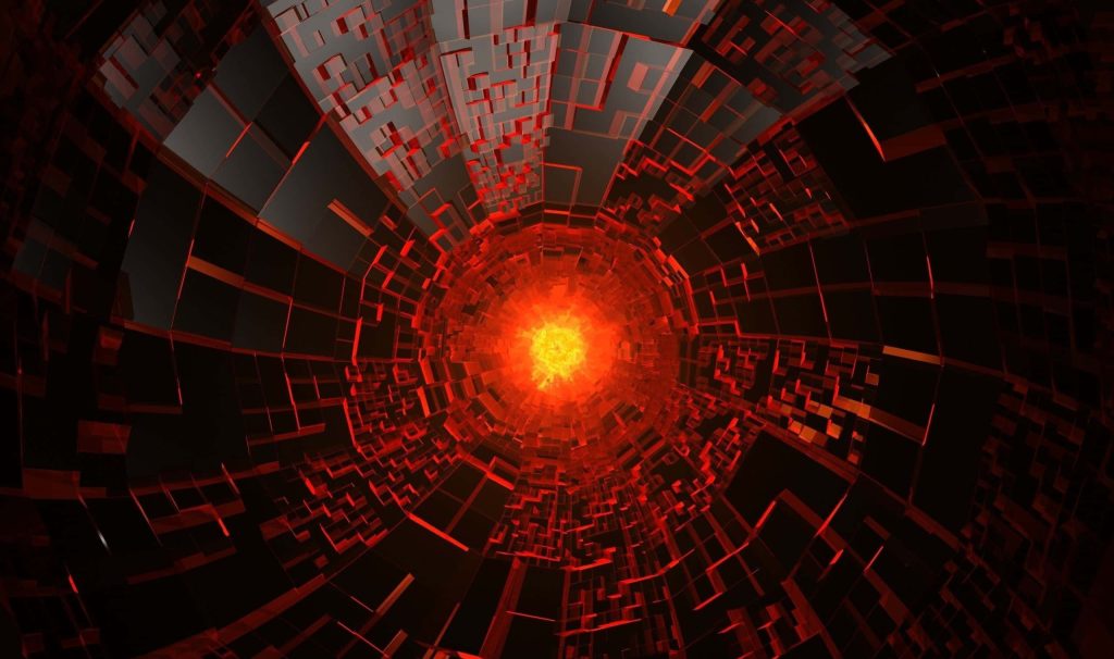 Dark futuristic tunnel with glowing red core and complex geometric blocks 3D wallpaper