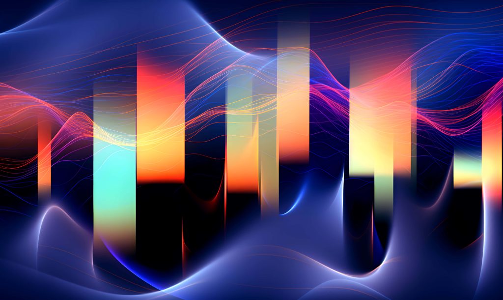 Abstract digital wallpaper with glowing vertical bars and light waves in sunset and blue hues