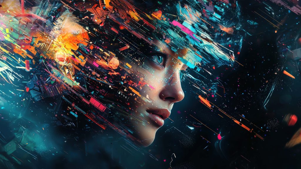 Abstract digital portrait of woman with vibrant electric blue pink and neon orange glitch art background Wallpaper