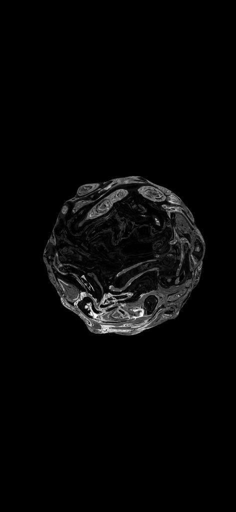 Abstract liquid metal sphere 3D chrome orb wallpaper with glossy rippled texture on black background