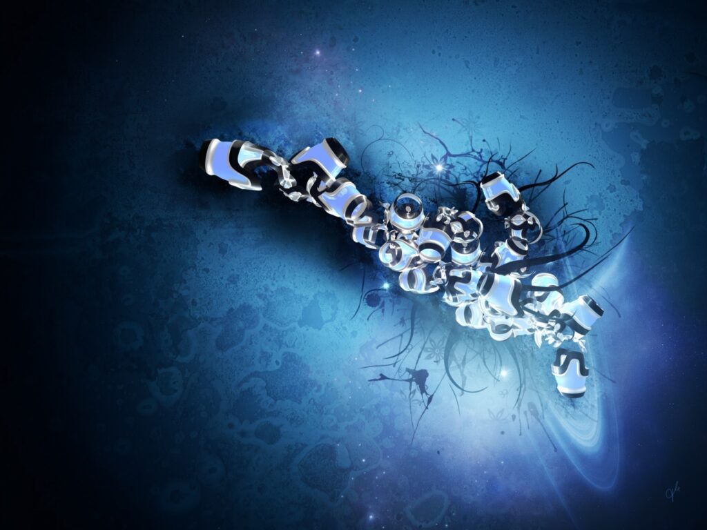 Futuristic Metallic Figures on Light-Infused Blue Wallpaper