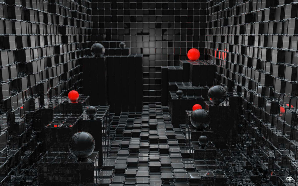 Futuristic Black Mirror Room Wallpaper with Red Accents & Geometric Grid