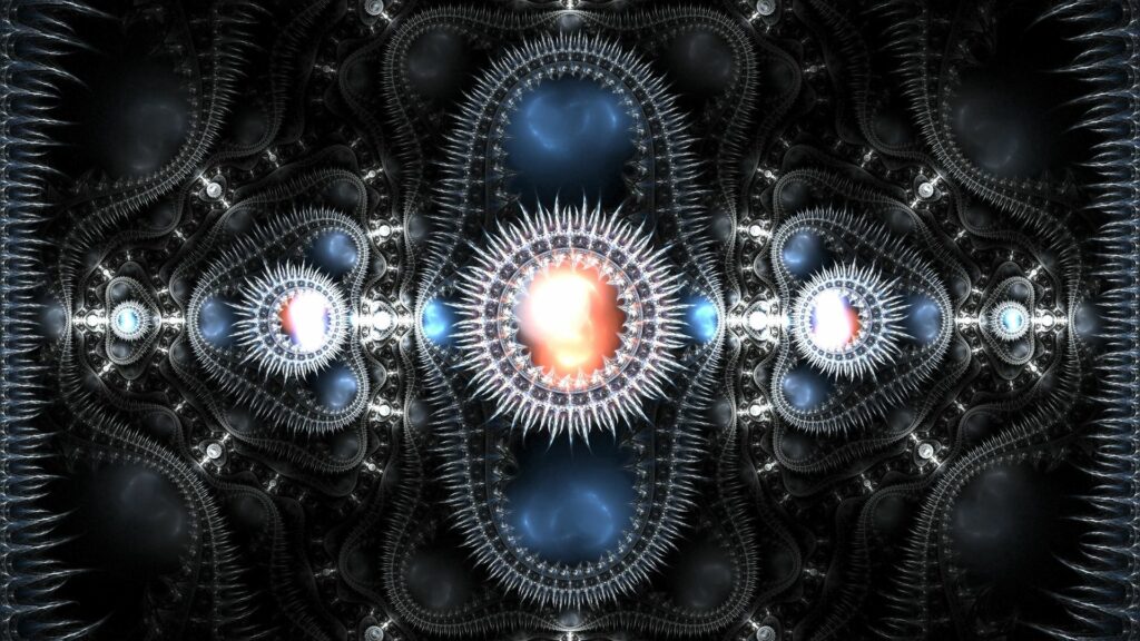 Futuristic Abstract Wallpaper: Dark Blue & Orange Symmetry Design