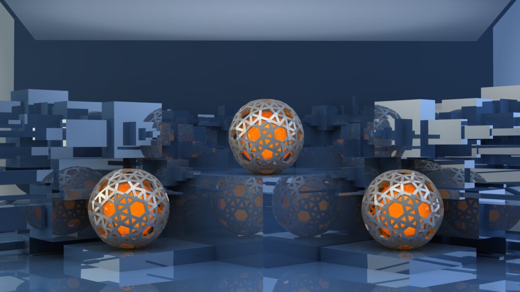 Futuristic Abstract Wallpaper: Metallic Spheres with Orange Glow