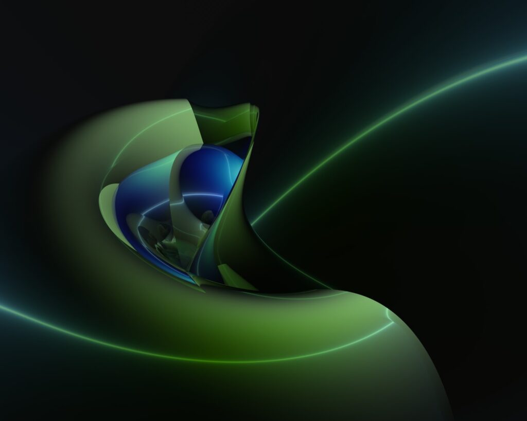 Futuristic Abstract Wallpaper: Smooth Green & Blue Design on Dark Background