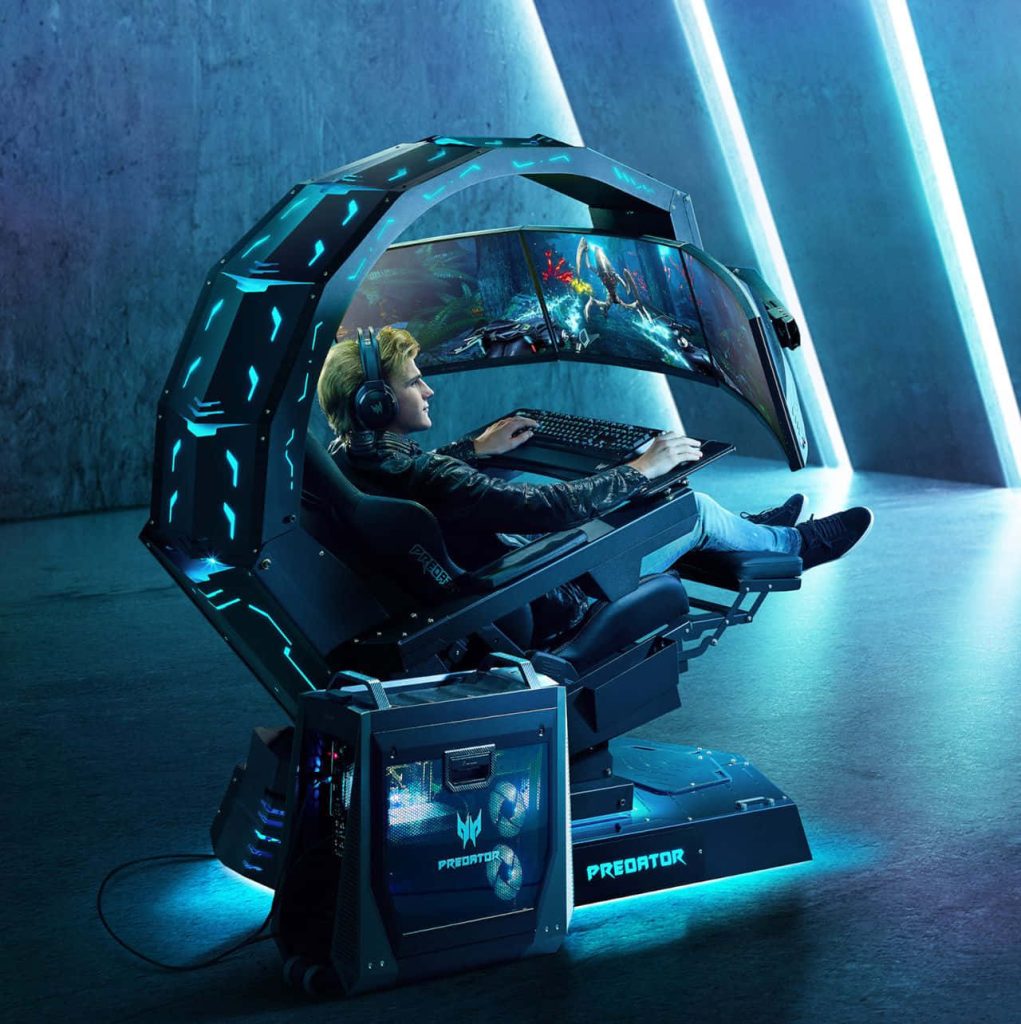 Futuristic Acer Predator Thronos gaming chair with wraparound monitors and neon blue lighting Wallpaper
