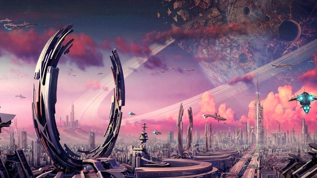 Futuristic alien cityscape with skyscrapers portals starships under vibrant purple sky wallpaper