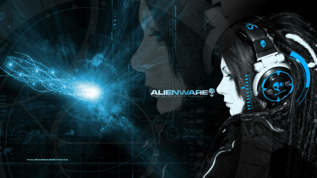 Futuristic Alienware wallpaper cyber woman headphones glowing blue digital effects logo background
