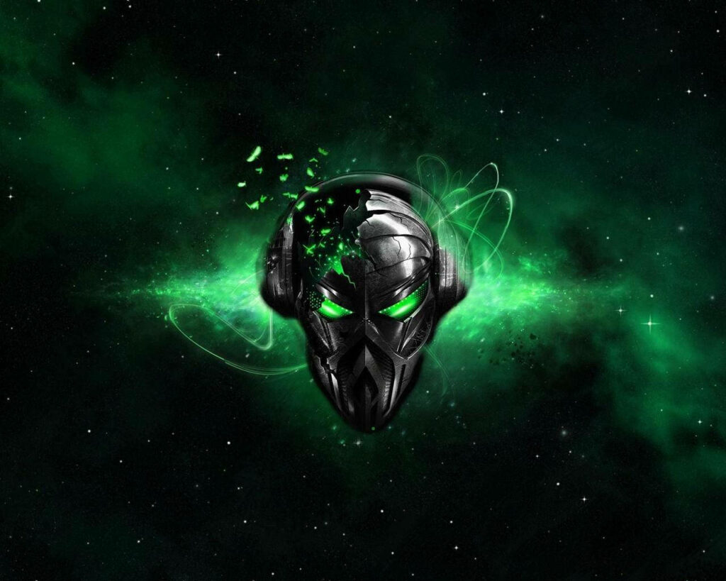 Futuristic Alienware emblem with glowing green eyes on cosmic green black galaxy gaming wallpaper