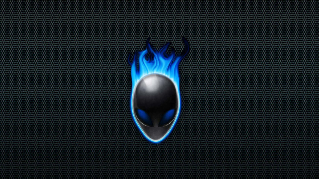 Futuristic Alienware logo with blue flame on textured black grid high-performance gaming background Wallpaper