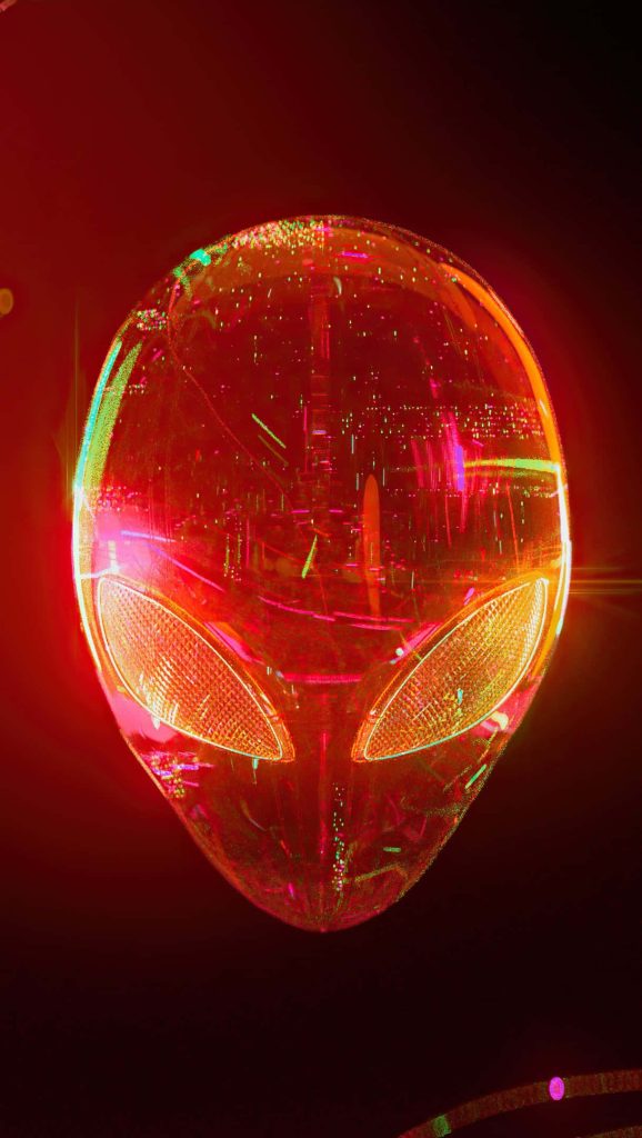 Glossy 3D Alienware logo with neon cityscape glowing red orange futuristic gaming wallpaper background