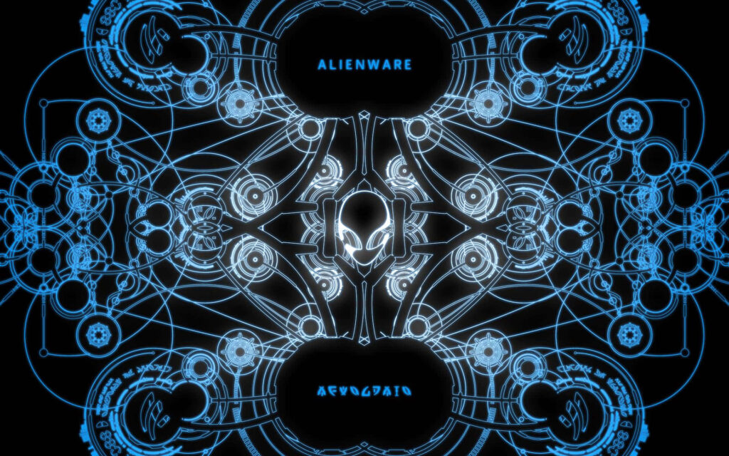 Futuristic Alienware wallpaper with neon blue circuitry and central Alienware logo for gaming