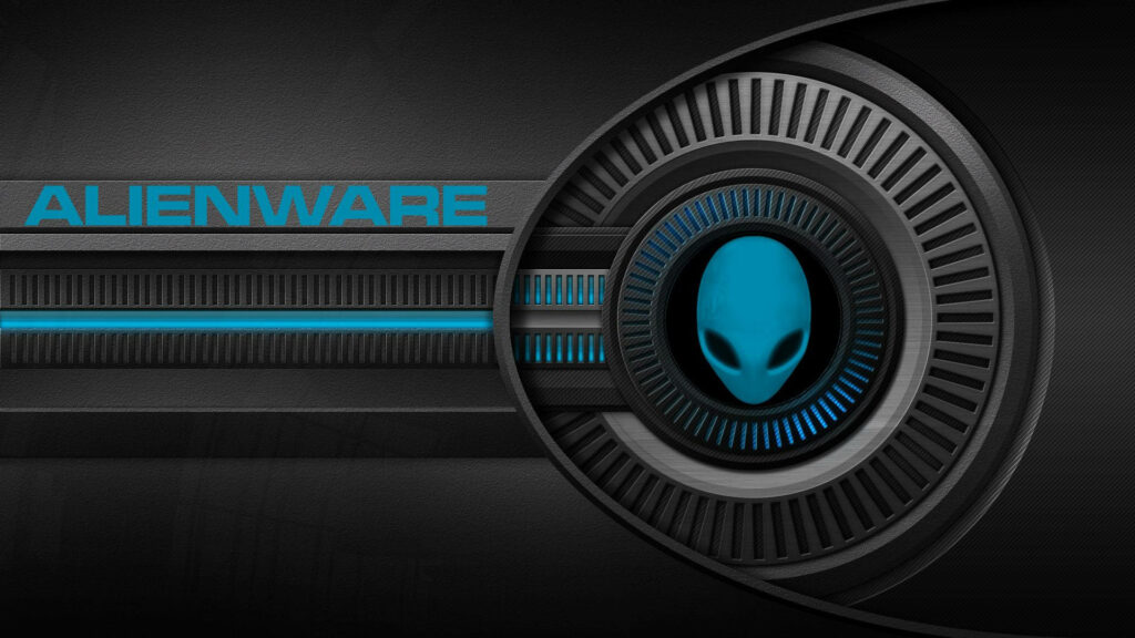 Futuristic Alienware wallpaper with blue black logo metallic textures and glowing accents background