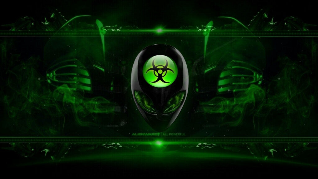 Futuristic Alienware wallpaper with glowing green alien emblem and digital design background