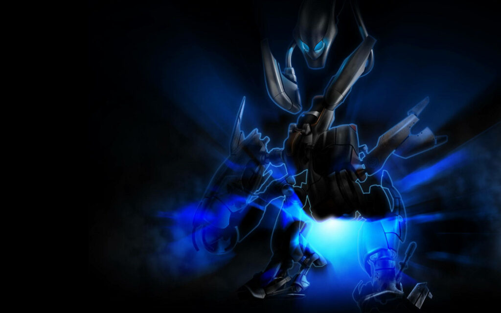 Futuristic Alienware wallpaper with glowing blue robotic figure on dark dynamic gaming background