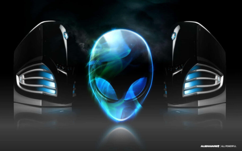 Futuristic Alienware wallpaper with glowing alien logo and advanced gaming desktops background