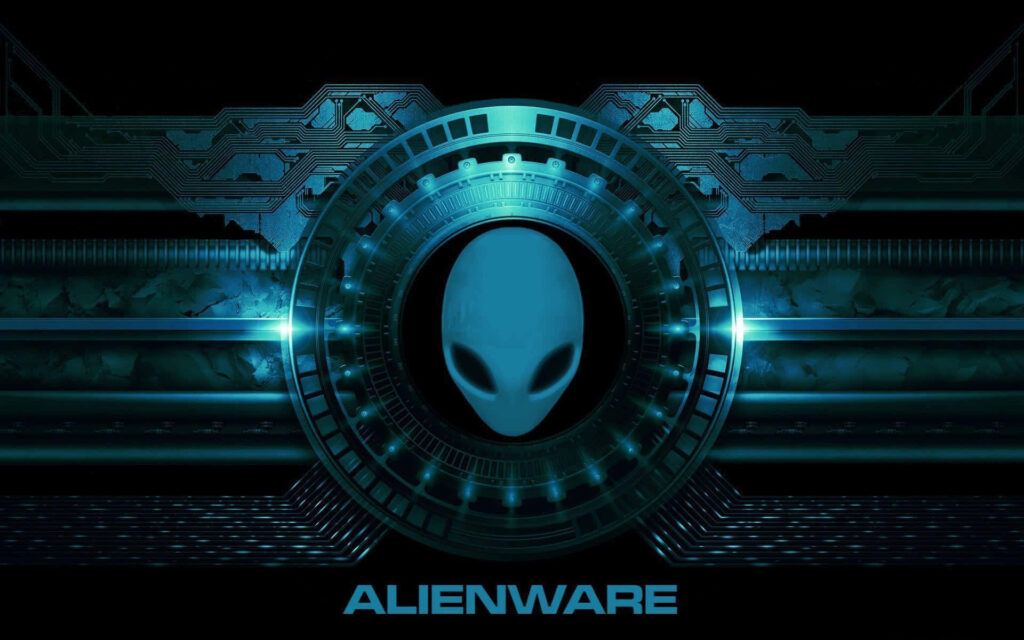 Futuristic Alienware wallpaper with glowing blue alien head logo and digital circuitry background