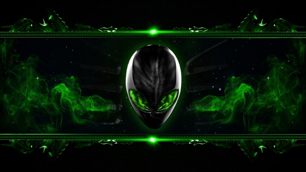 Futuristic Alienware wallpaper with glowing green alien head and digital smoke high-tech background