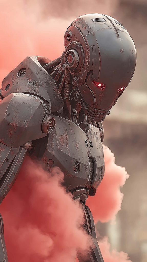 Futuristic humanoid robot with glowing red eyes emerging from pink smoke digital art wallpaper