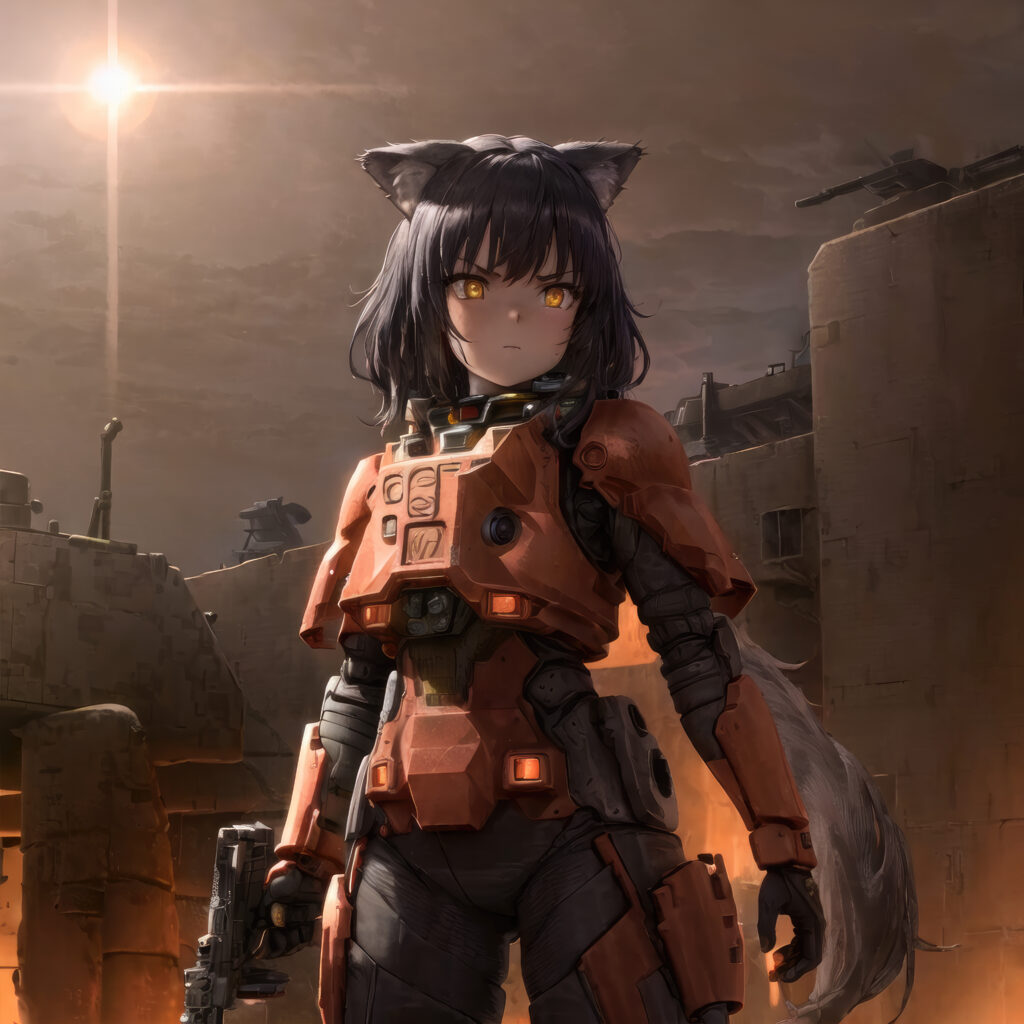 Futuristic Anime Girl with Cat Ears in Dramatic Sunset Wallpaper