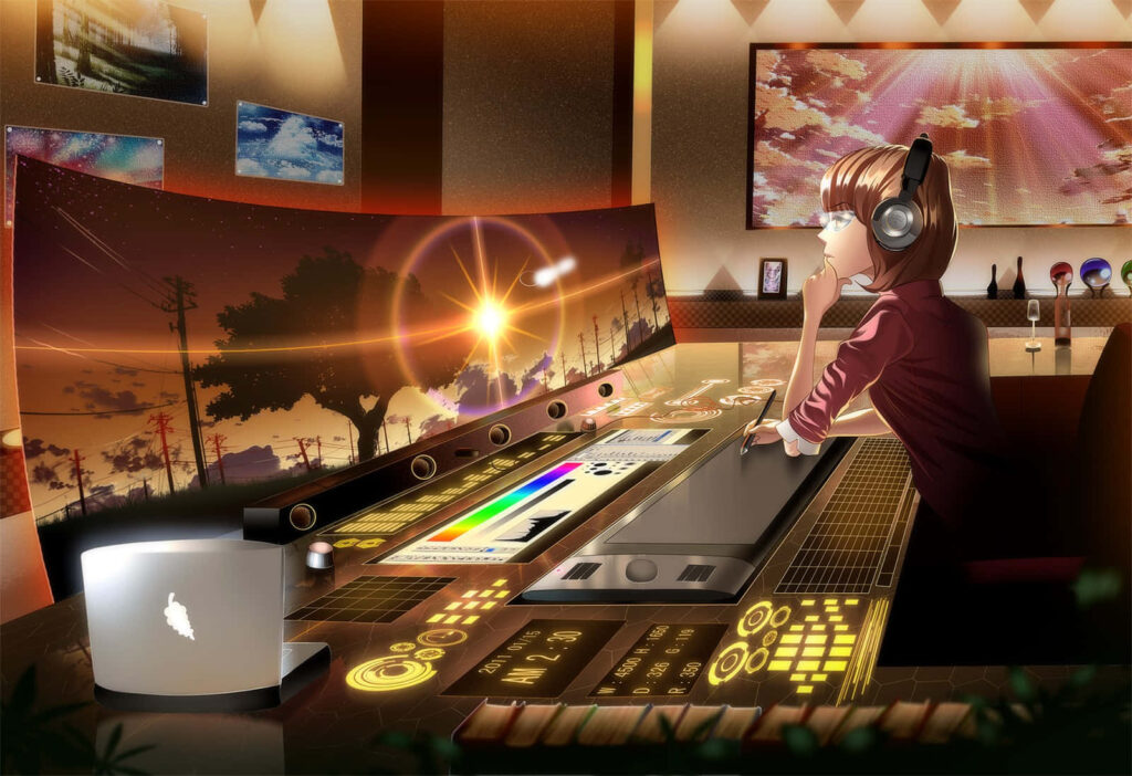 Anime Lady in Futuristic Music Studio - Inspiring Wallpaper Background