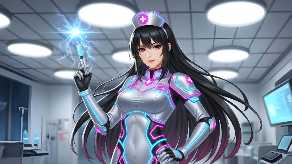 Futuristic anime nurse with black hair purple eyes metallic uniform neon glowing syringe in sci-fi lab Wallpaper