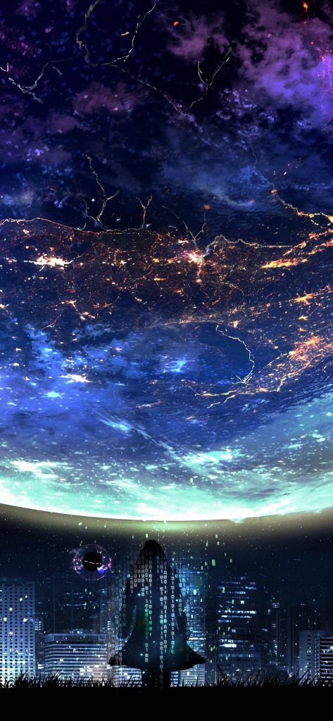 Anime wallpaper futuristic city skyline binary code figure cosmic planet glowing night sky