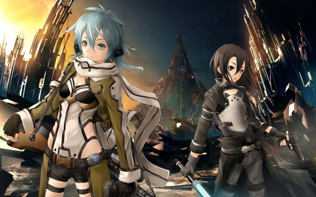 Futuristic Anime Wallpaper: Dynamic Characters in Post-Apocalyptic Scene