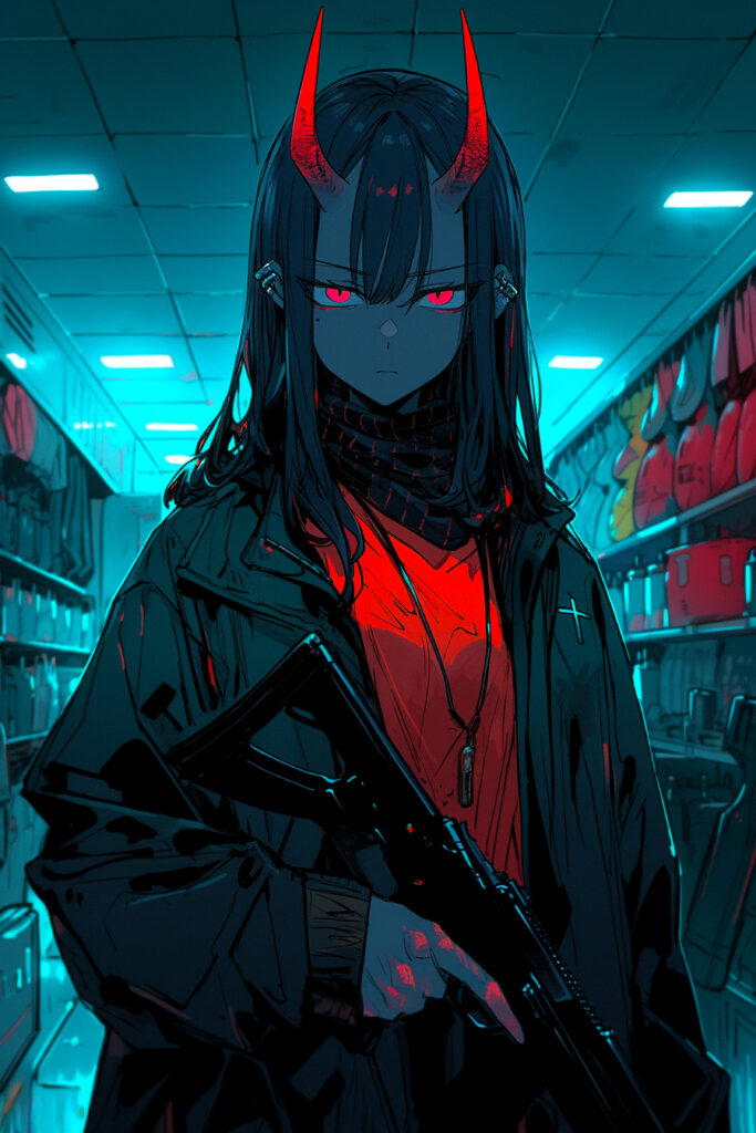 Futuristic Anime Wallpaper: Girl with Demon Horns & Cool Glow