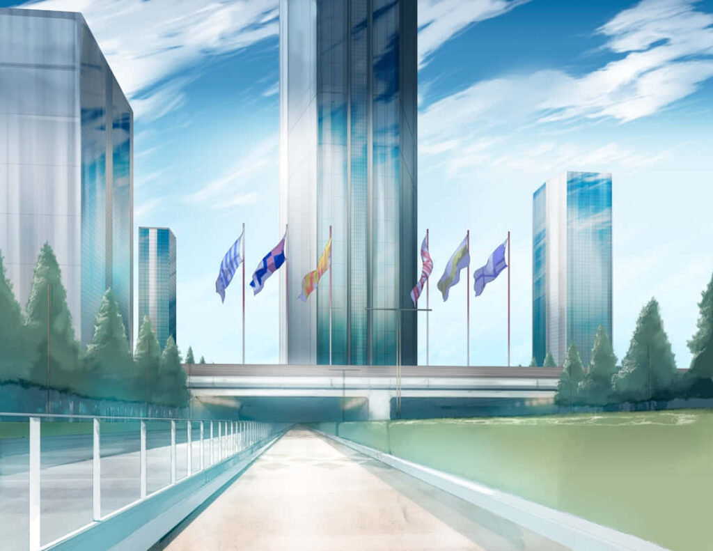 Futuristic Anime Wallpaper: Sleek Skyscrapers & Greenery Harmony