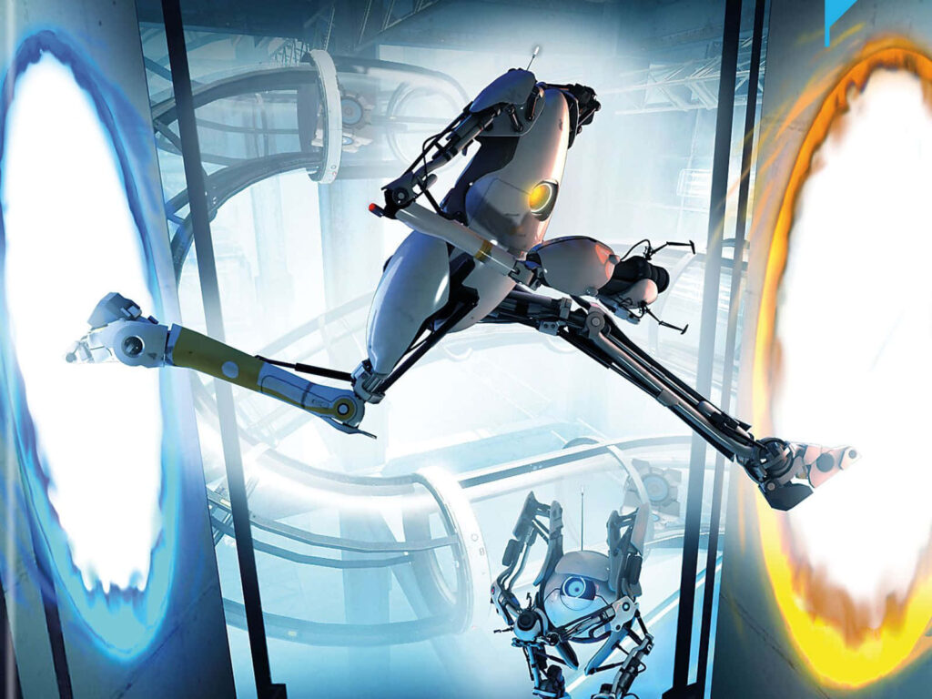 Futuristic Portal 2 Wallpaper: Robotic Action in Aperture Science