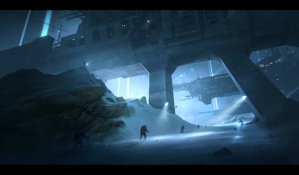 Futuristic arctic base at night with explorers under Welcome to 2030 concrete structure and ships Wallpaper