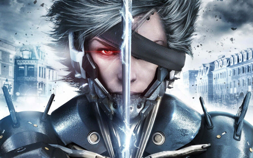 Futuristic Armored Character with Sword in Urban Action Wallpaper