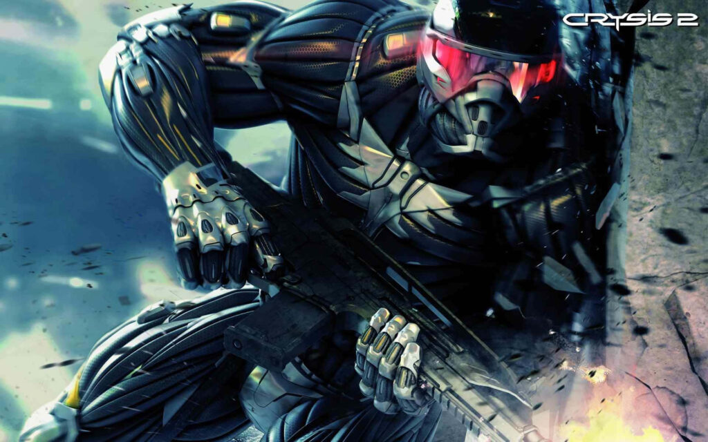 Futuristic Armored Soldier in Intense Crysis 2 Combat Scene Wallpaper