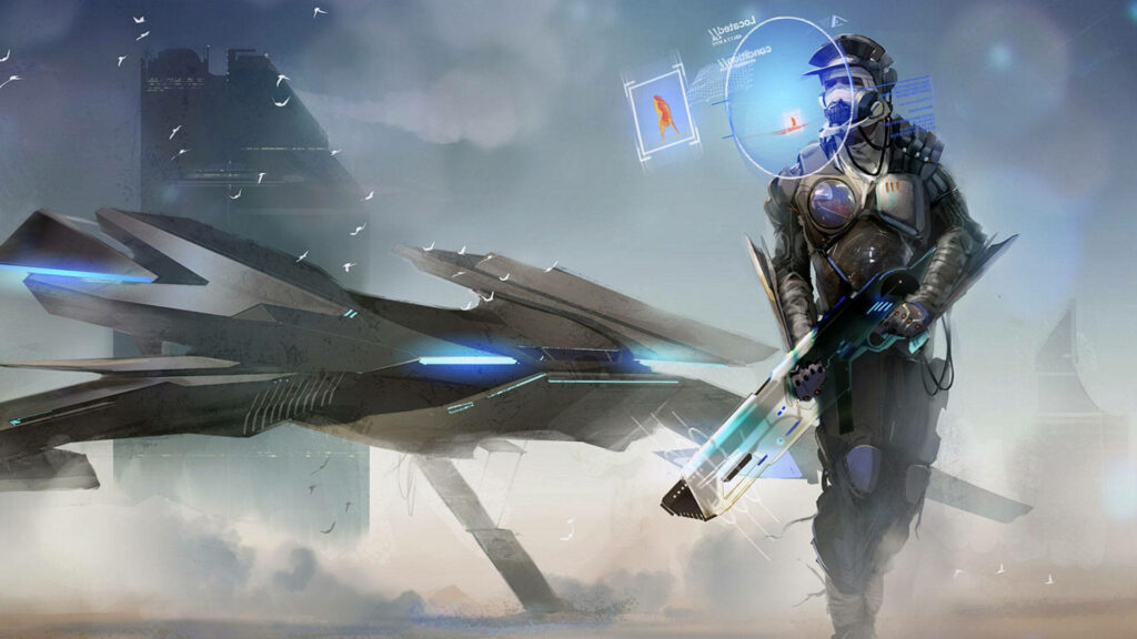 Heavily armored futuristic soldier with advanced weapon near high tech spaceship in Starfield setting Wallpaper