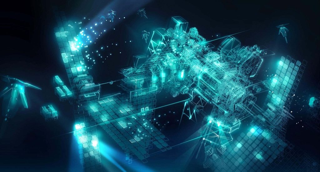 Futuristic AI concept wallpaper with glowing cyan wireframes and floating geometric data structures