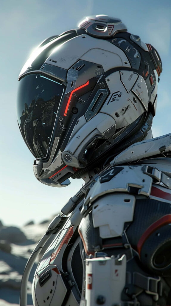 Futuristic astronaut helmet with advanced technology and sleek design against clear sky background Wallpaper