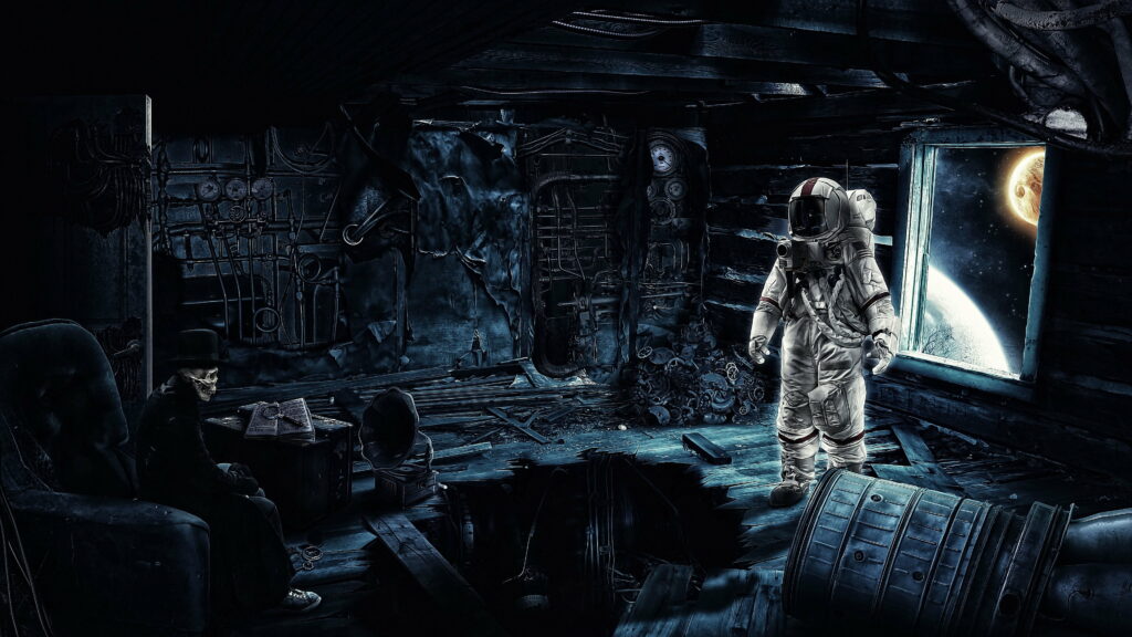 Futuristic Astronaut Stumbles Upon a Skeleton's Skull in Stunning 4K Digital Art Wallpaper