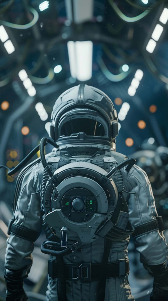 Lone astronaut in futuristic spacecraft cockpit with advanced controls and glowing panels wallpaper