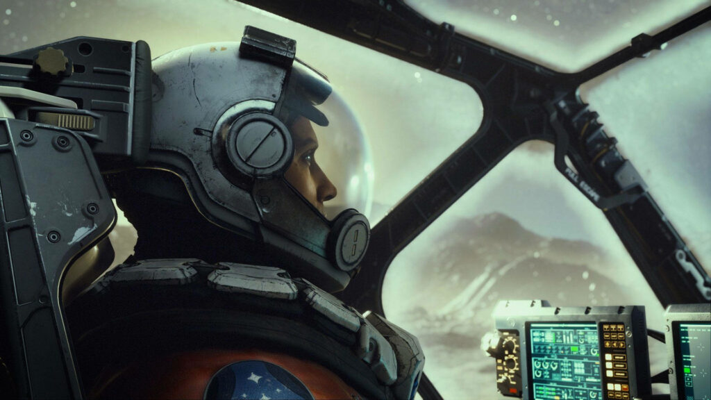 Starfield astronaut in futuristic spaceship cockpit with glowing controls viewing alien planet landscape Wallpaper