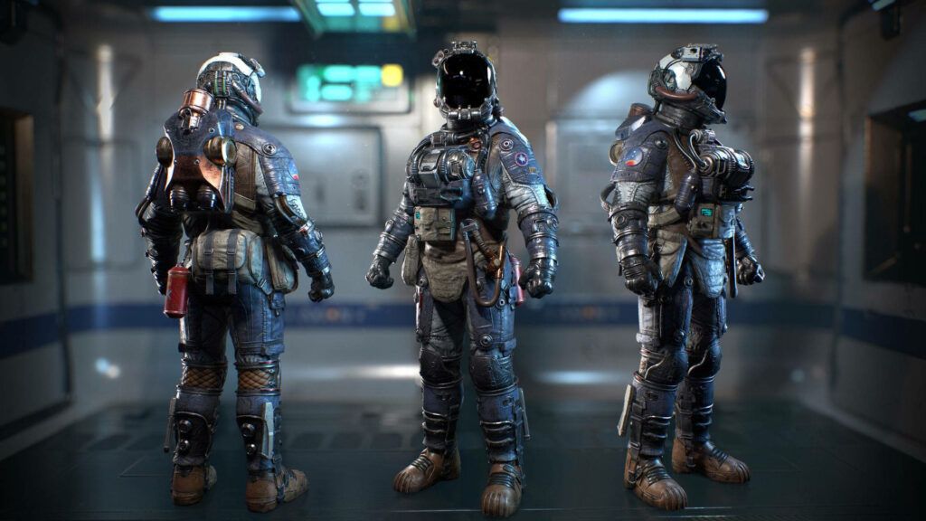 Detailed astronauts in advanced spacesuits stand in a futuristic Starfield-inspired spacecraft corridor wallpaper