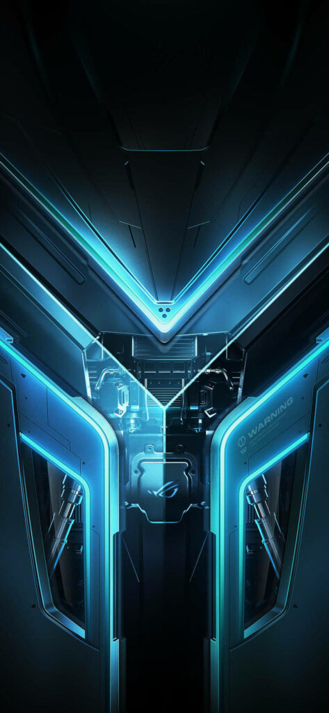 Futuristic Asus ROG Phone wallpaper with metallic design and vibrant blue LED gaming accents